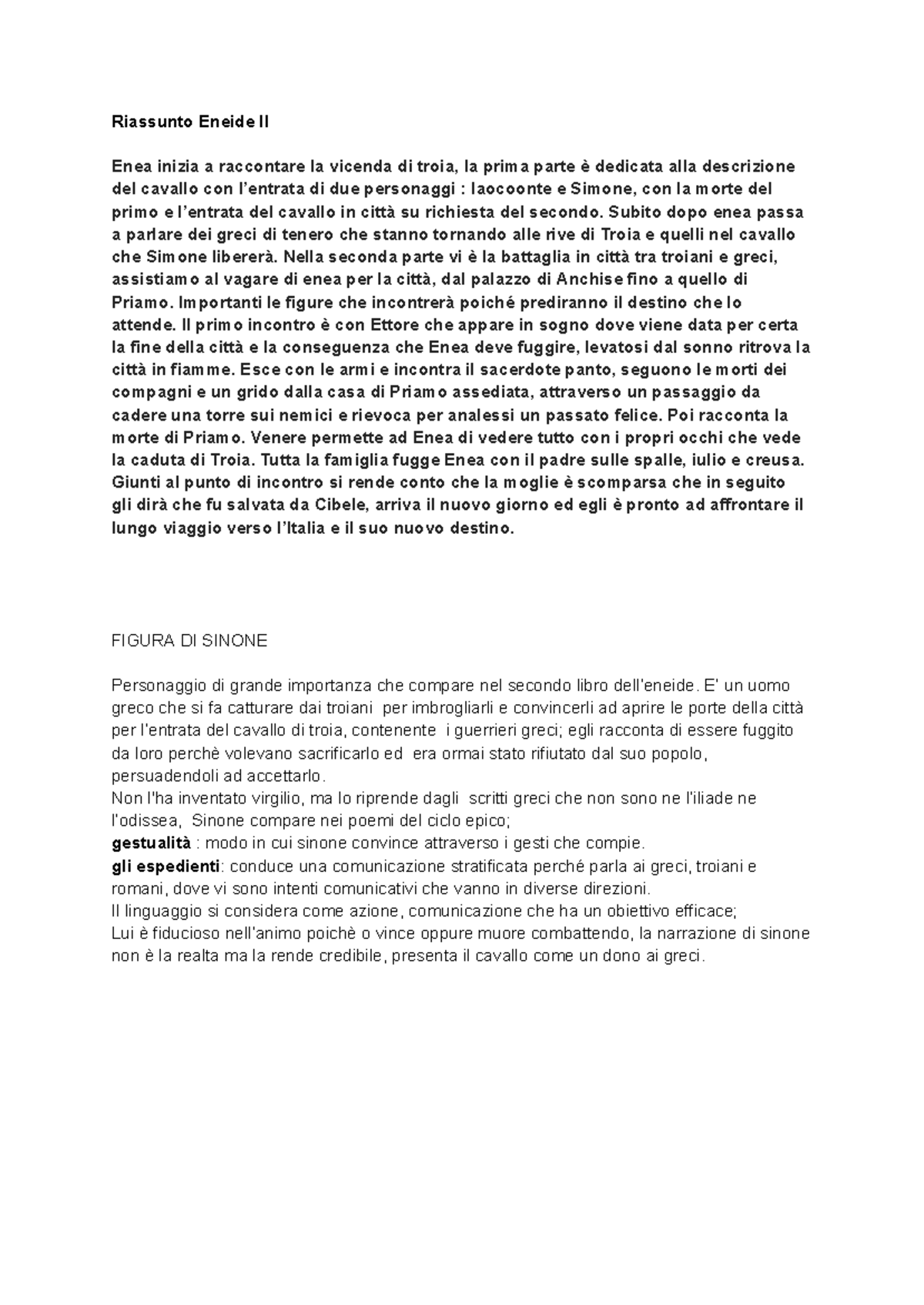 Riassunto Eneide II: La Caduta di Troia e il Ruolo di Sinone - Studocu