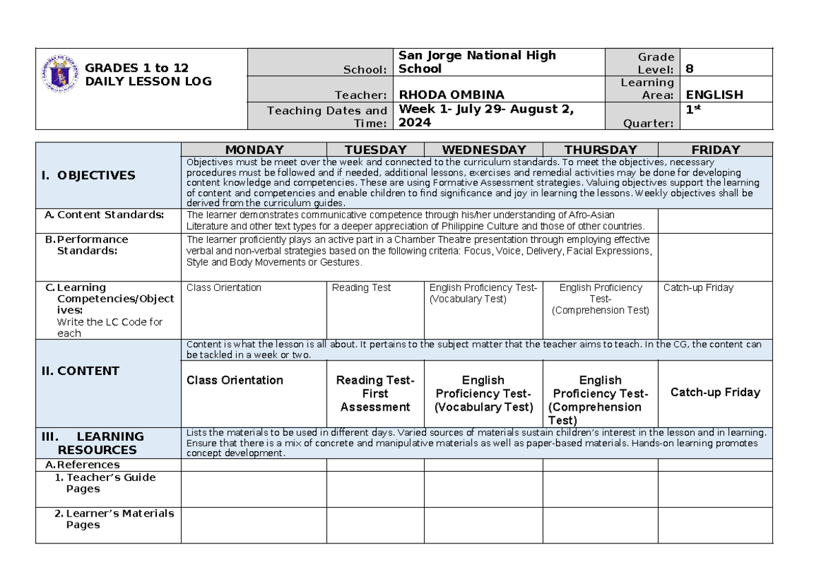 Q1week1 dll - Daily Lesson Log for English 8 - GRADES 1 to 12 DAILY ...