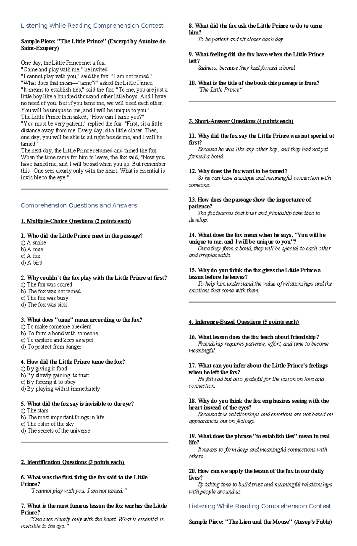 Listening While Reading Comprehension Contest - 