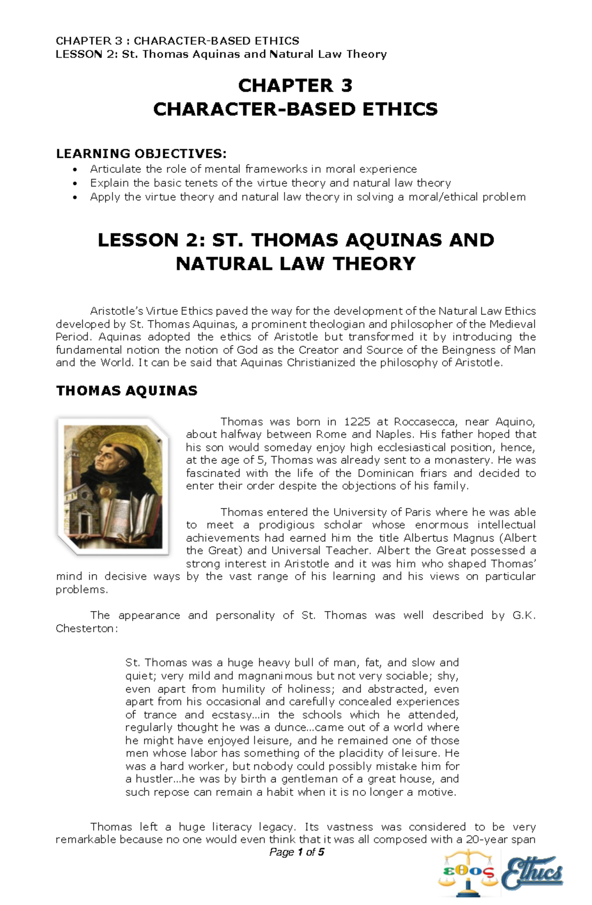 CHAP. 3.2 Lesson: St. Thomas Aquinas on Natural Law Theory and Ethics ...