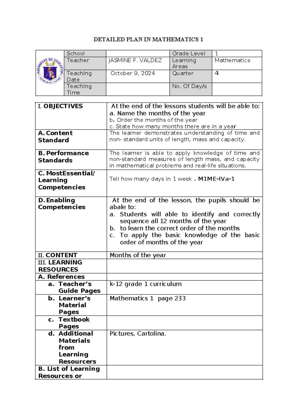 Detailed-PLAN-IN- Mathematics-IV - DETAILED PLAN IN MATHEMATICS 1 ...