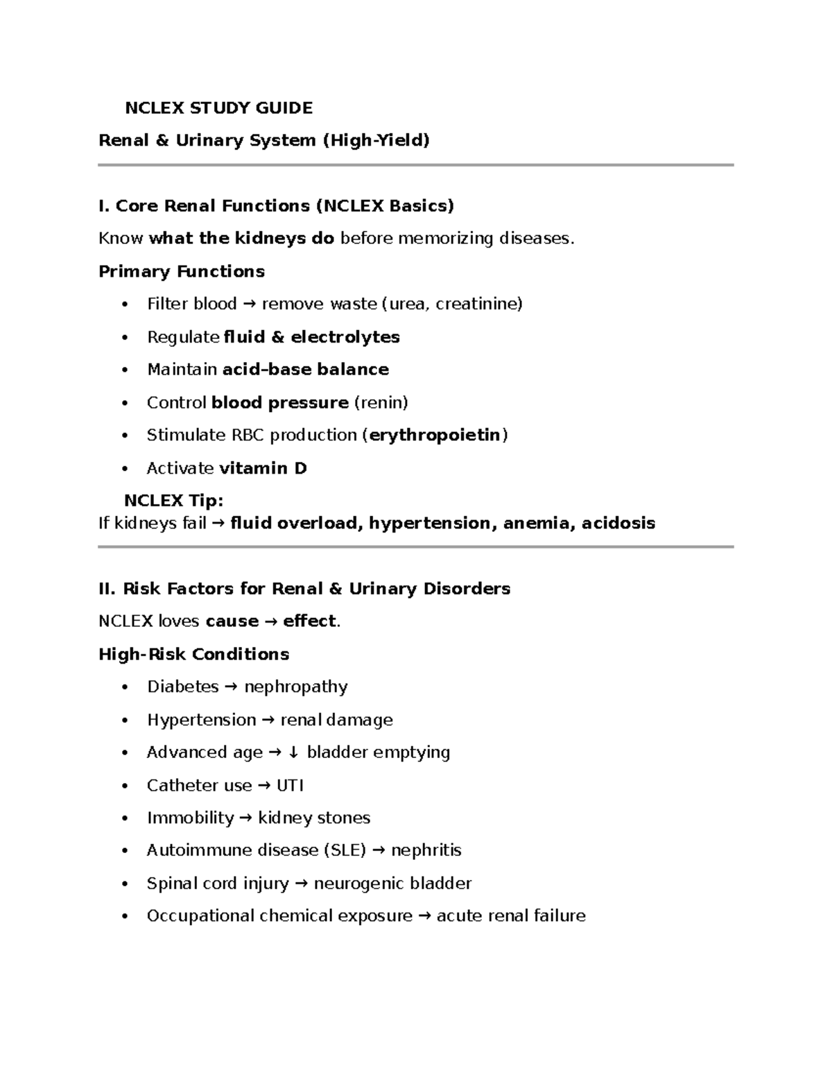 NCLEX Study Guide: Renal Urinary System Functions & Disorders - Studocu