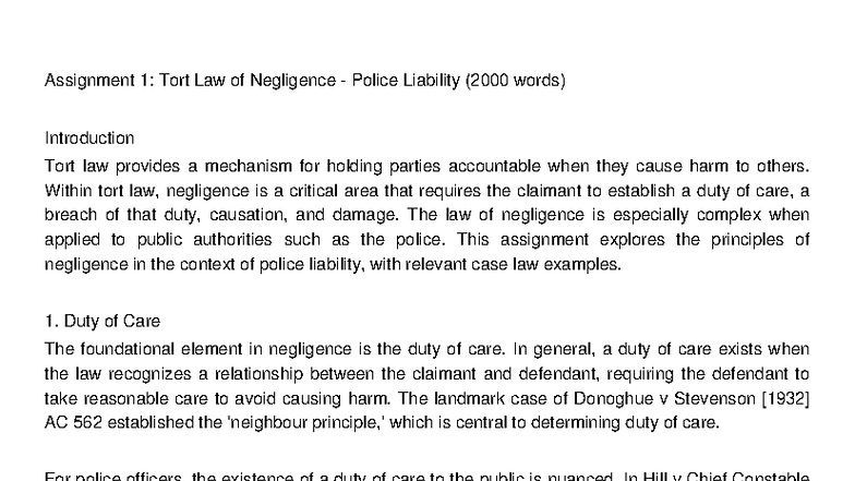 Assignment 1: Tort Law - Police Liability & Negligence Principles - Studocu