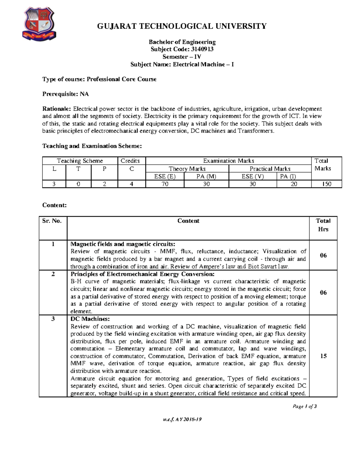 Electrical Machine I Syllabus - BE 3140913 Semester IV - Studocu