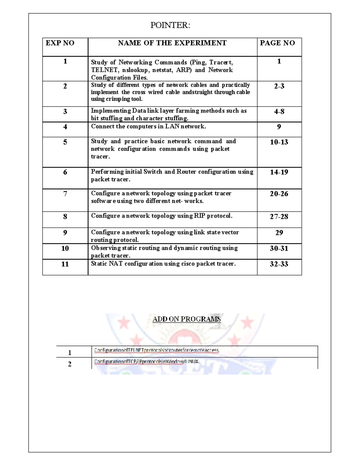 Cn lab-1 - cn lab - POINTER: EXP NO NAME OF THE EXPERIMENT PAGE NO 1 ...