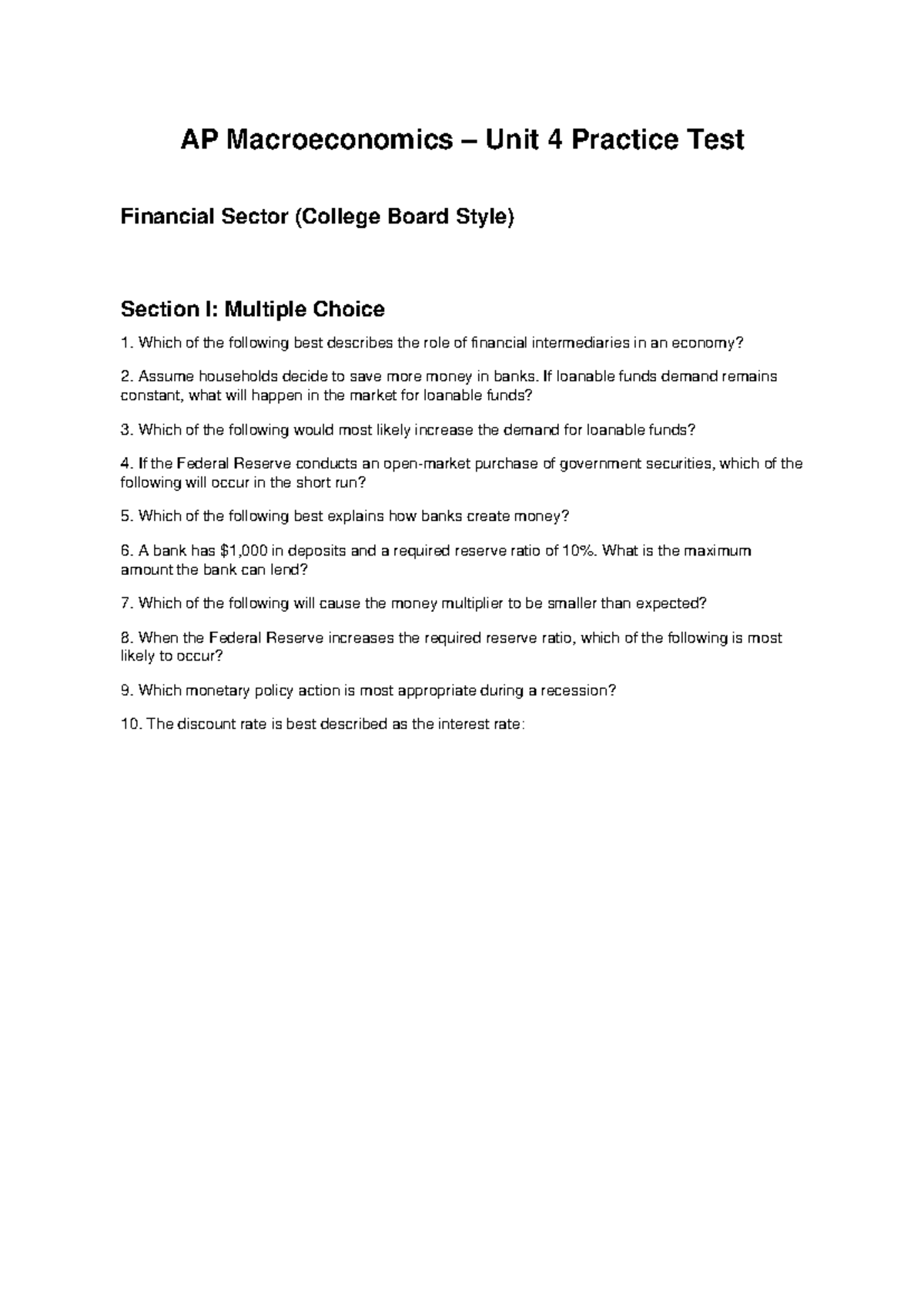 AP Macroeconomics Unit 4 Financial Sector Practice Test (College Board ...