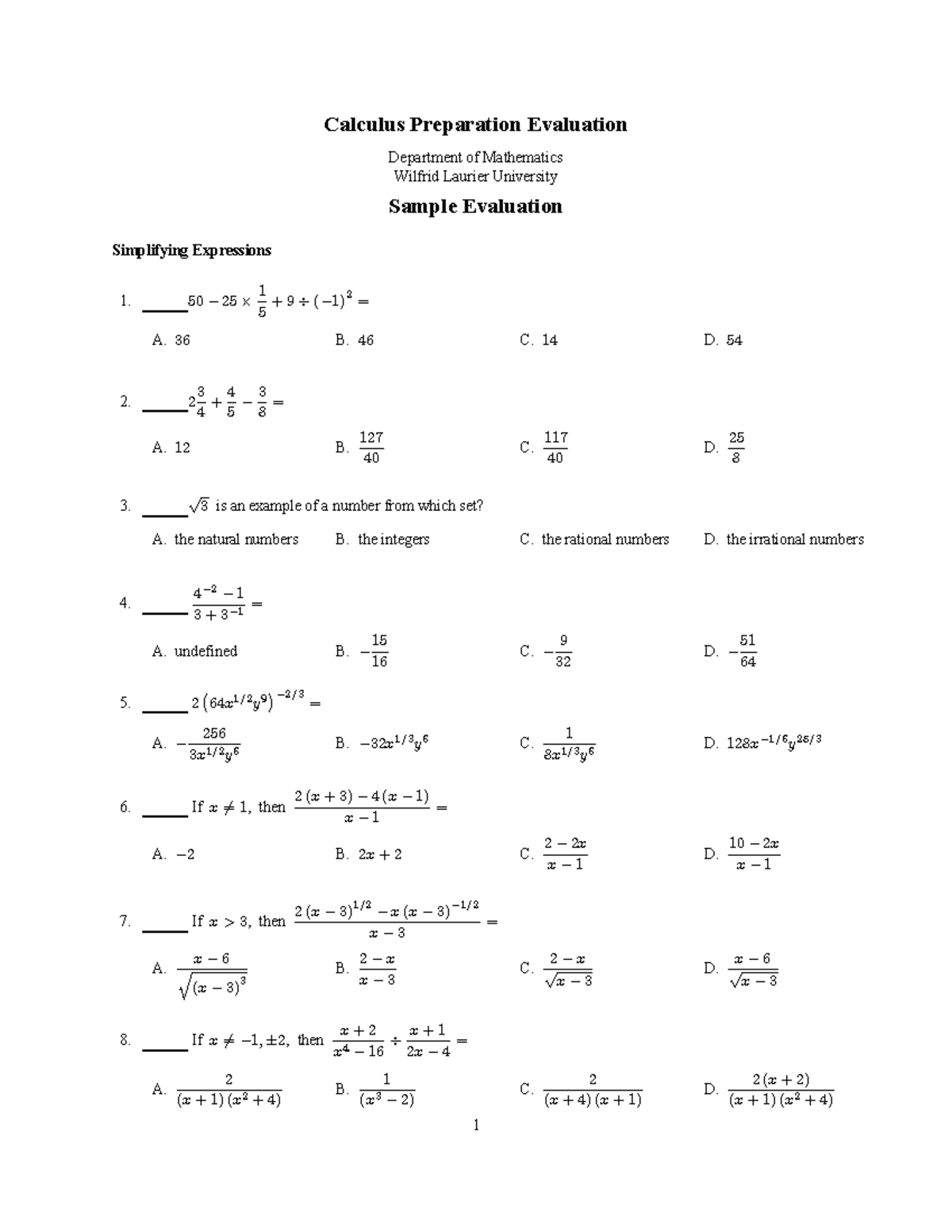 Calculus Prep Evaluation Sample (MATH 101 - Laurier) - Studocu