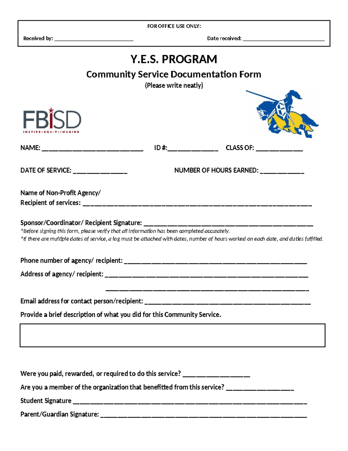 Updated YES Service Form - Y.E. PROGRAM Community Service Documentation ...