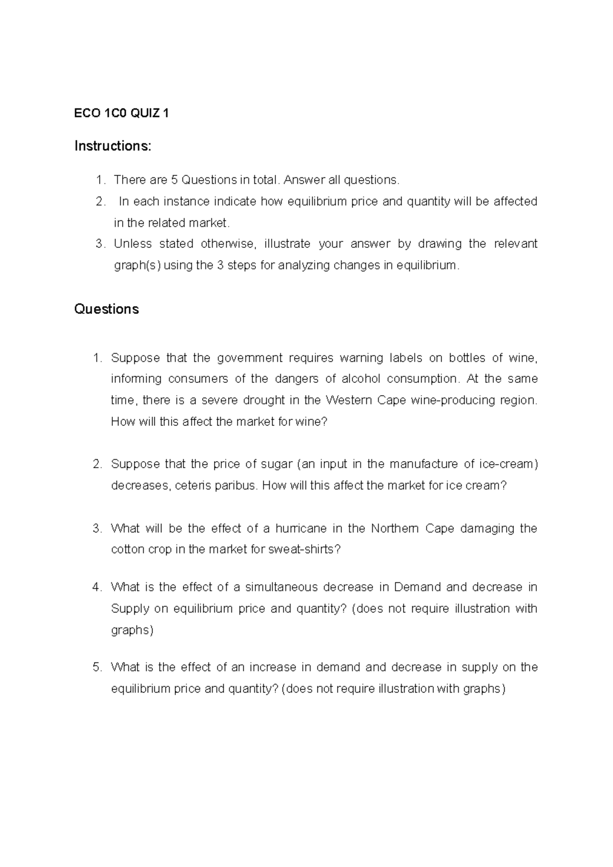 ECO 1C0 QUIZ 1 - Analyzing Market Equilibrium Changes - Studocu
