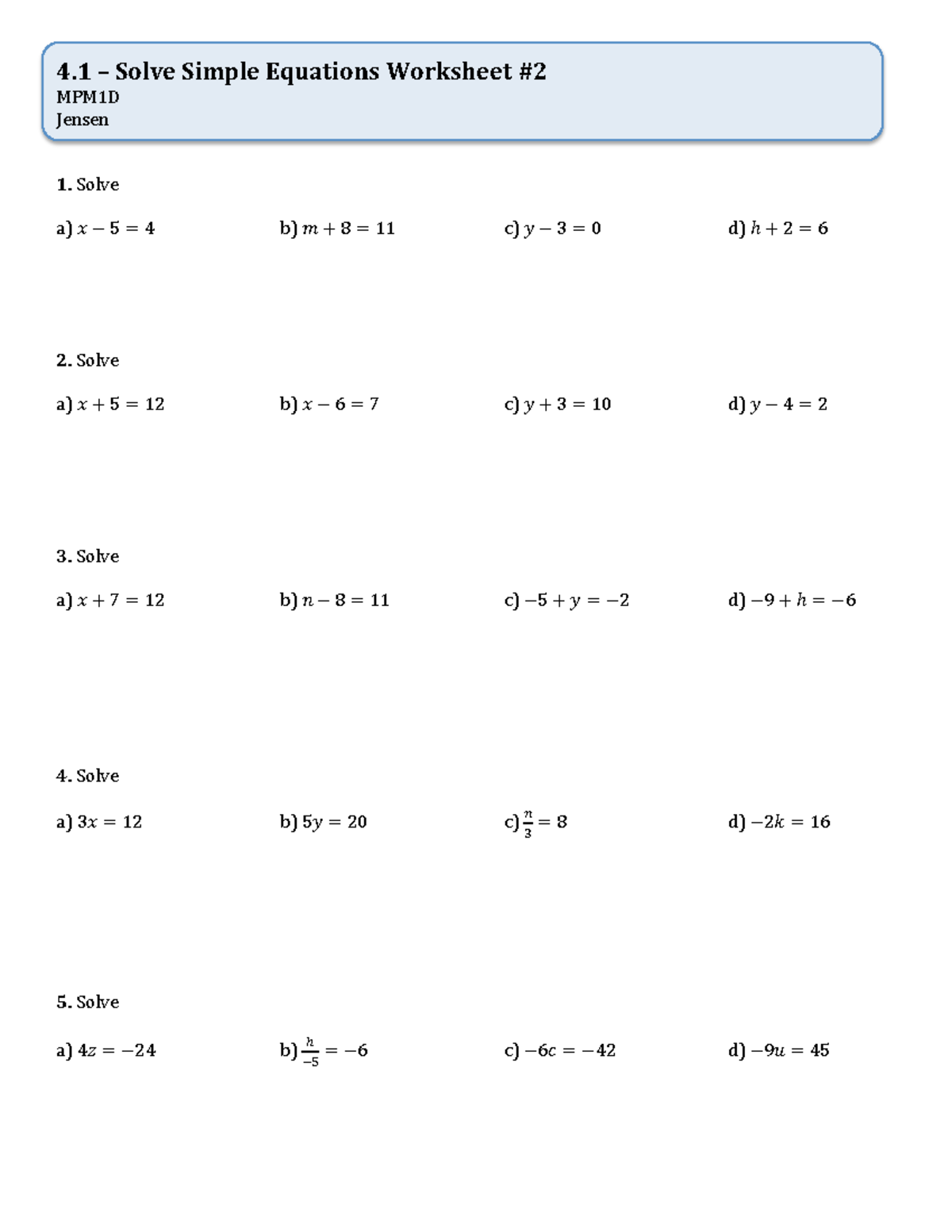 MPM1D Simple Equations Worksheet - Jensen - Studocu