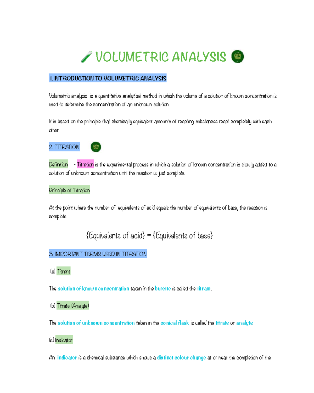Volumetric Analysis: Titration Principles and Key Terms - Studocu