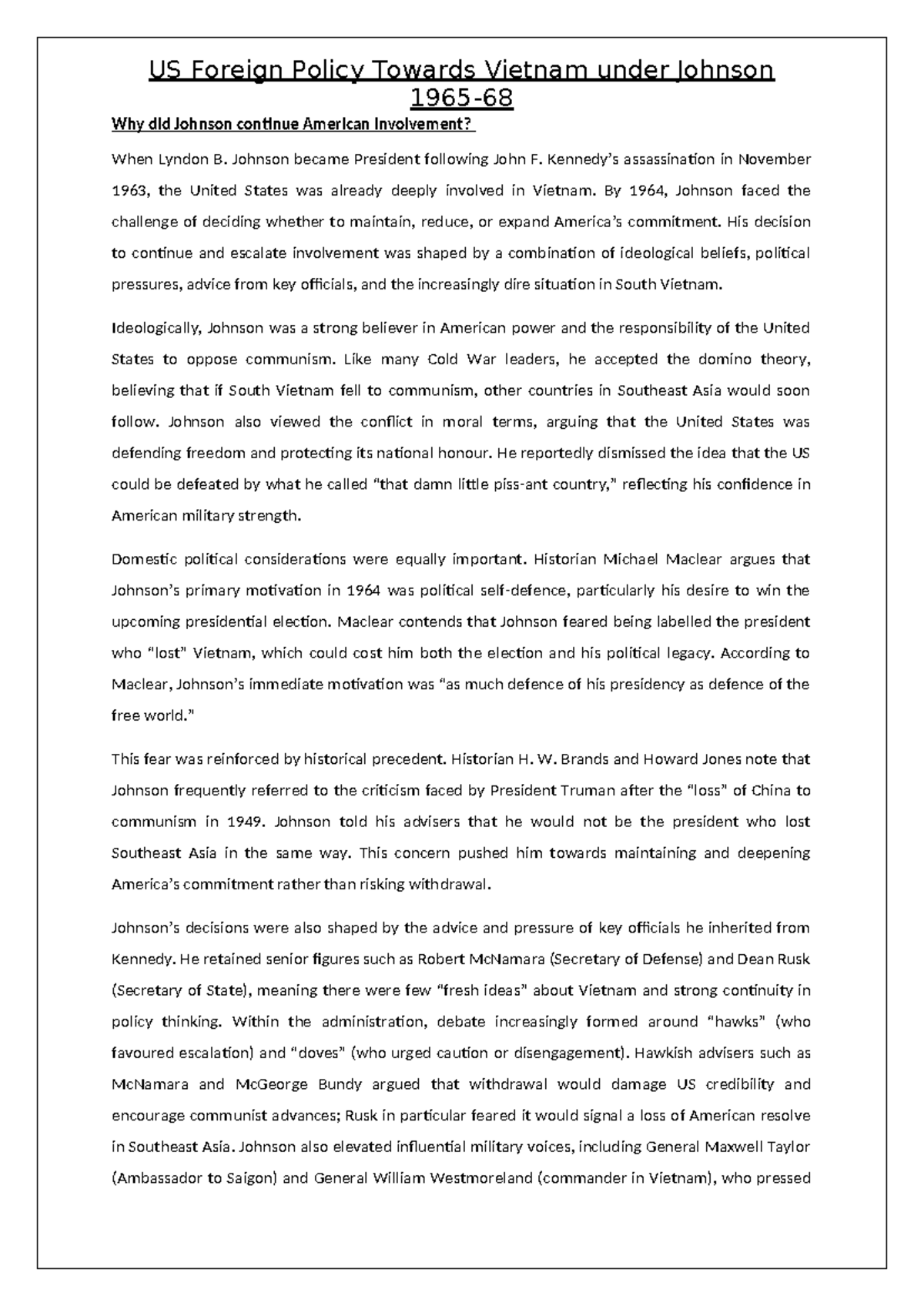 US Foreign Policy Towards Vietnam under Johnson: Escalation 1965-68 ...
