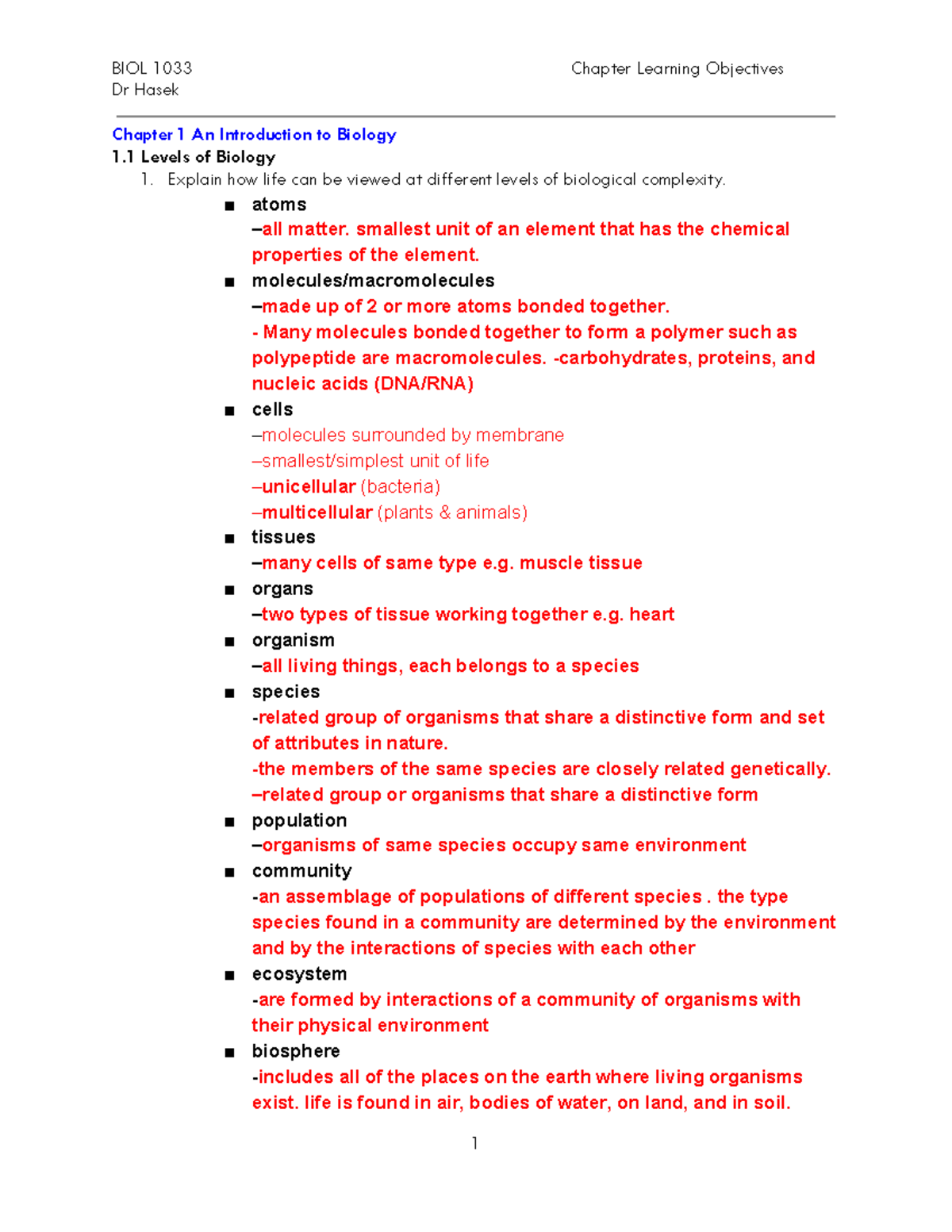 BIO101 - Exam 1 Study Guide: Key Concepts in Biology Notes - Studocu