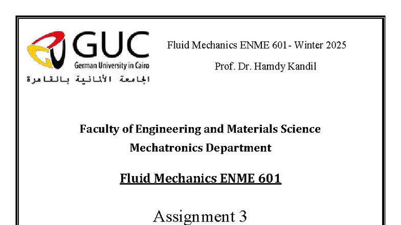 Fluid Mechanics ENME 601 Assignment 3 - Winter 2025 - Studocu