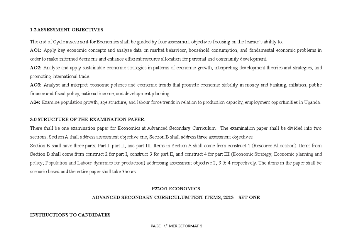 Economics UACE Sample Questions: Assessment Objectives & Exam Structure ...