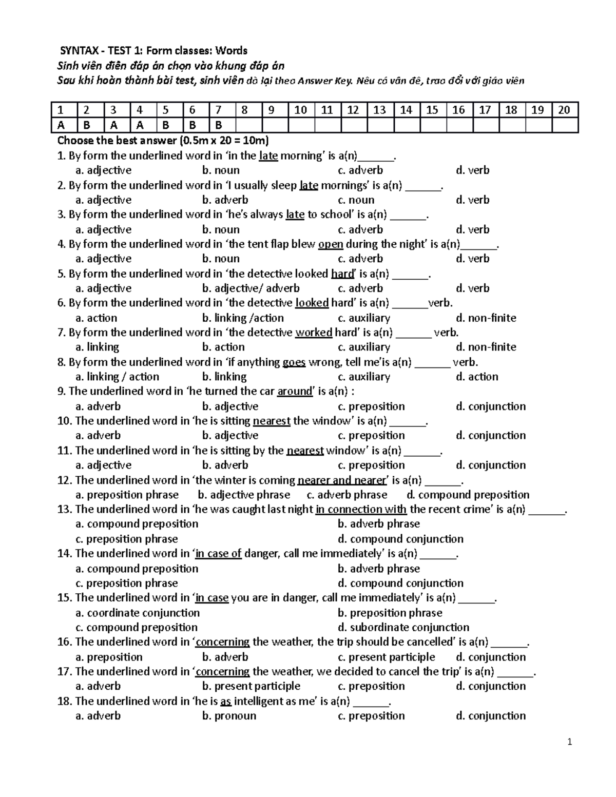 SYNTAX 101: Test 1 on Form Classes and Word Usage - Studocu