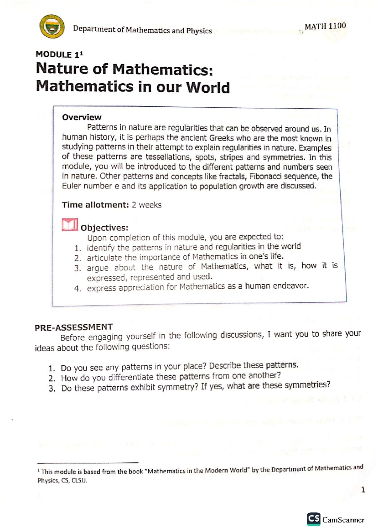 MATH L1 Lecture Notes: Chapter 1 - Patterns and Symmetry - Studocu
