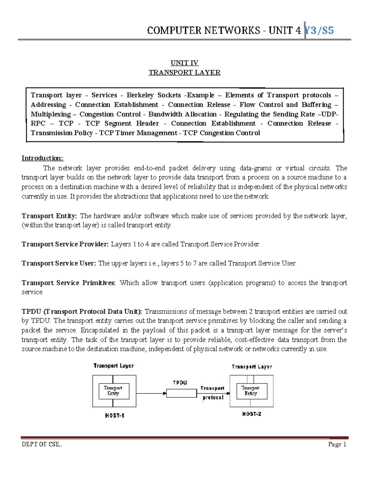 CN UNIT-4 introduction - UNIT IV TRANSPORT LAYER Transport layer ...