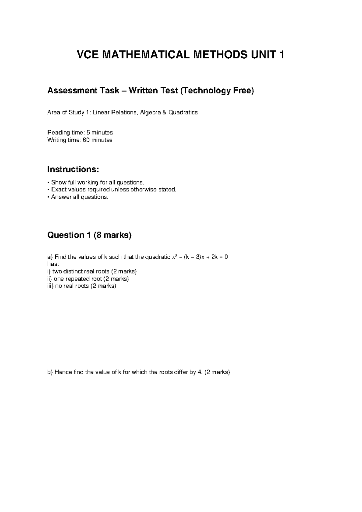 VCE MATHEMATICAL METHODS UNIT 1 AOS1 Harder SAC Tech Free - Studocu