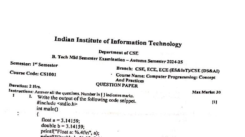 B. Tech CS1001 Mid Semester Exam: Computer Programming Concepts - Studocu