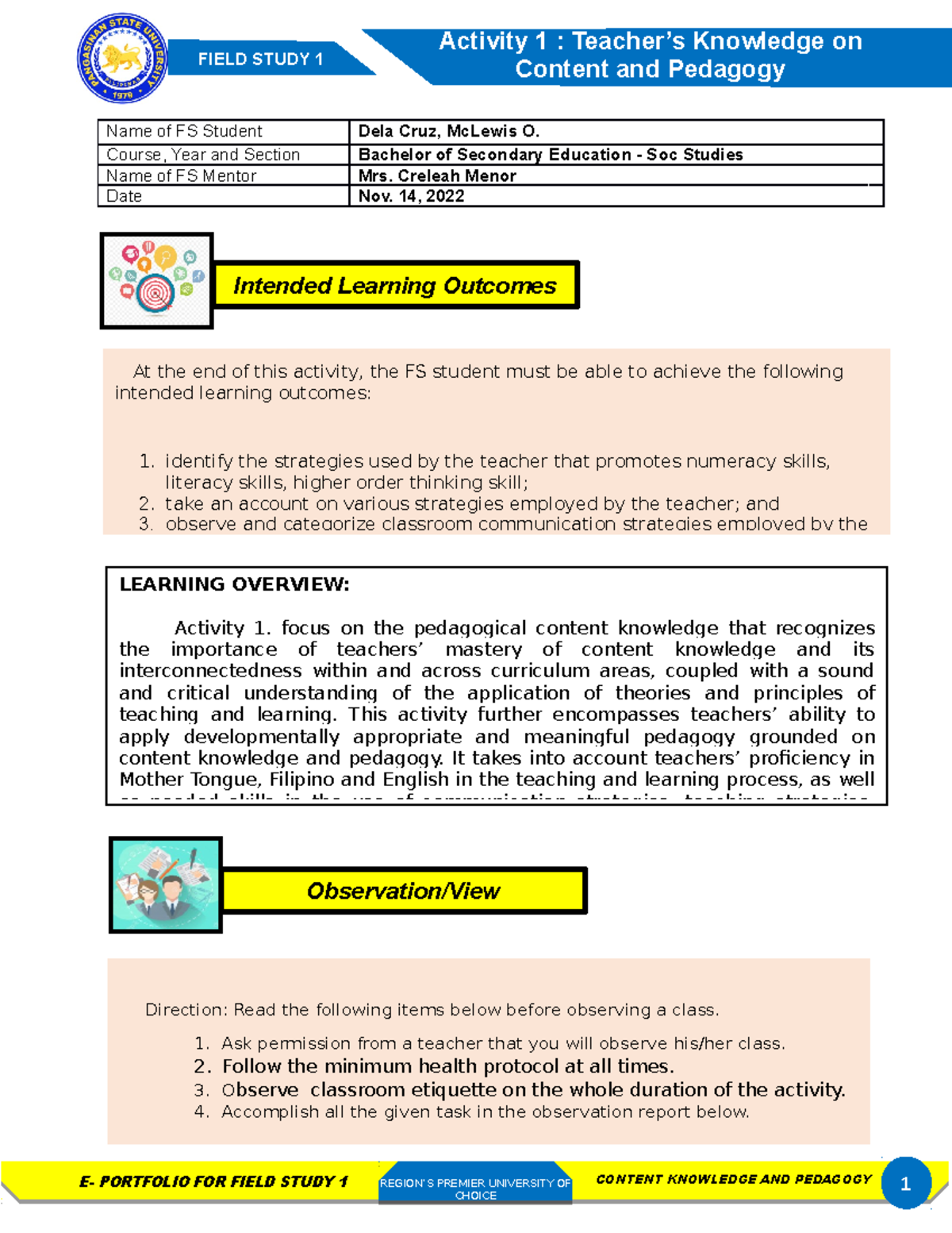 FS1 - Activity 1: E-Portfolio Observations and Learning Insights - Studocu
