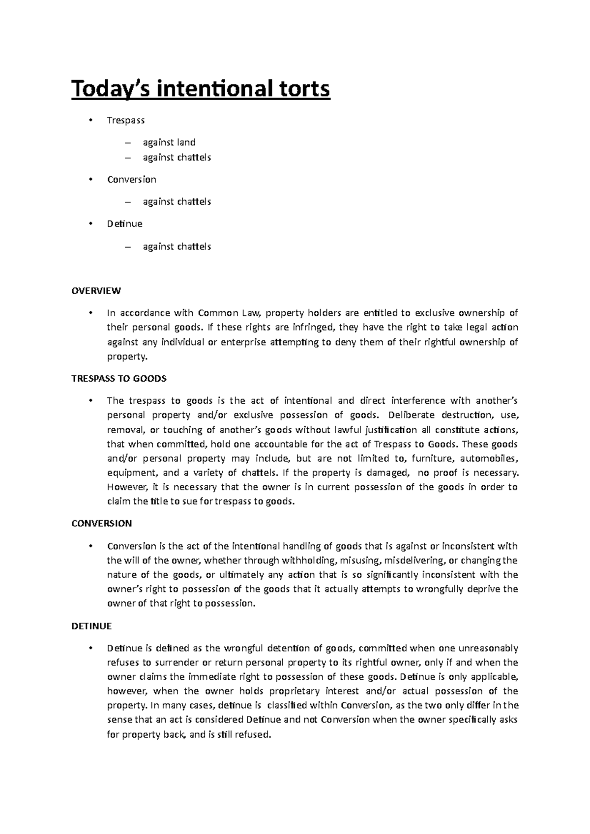 Week 2 tort lectures - Lecture notes on Tort law (general concepts ...