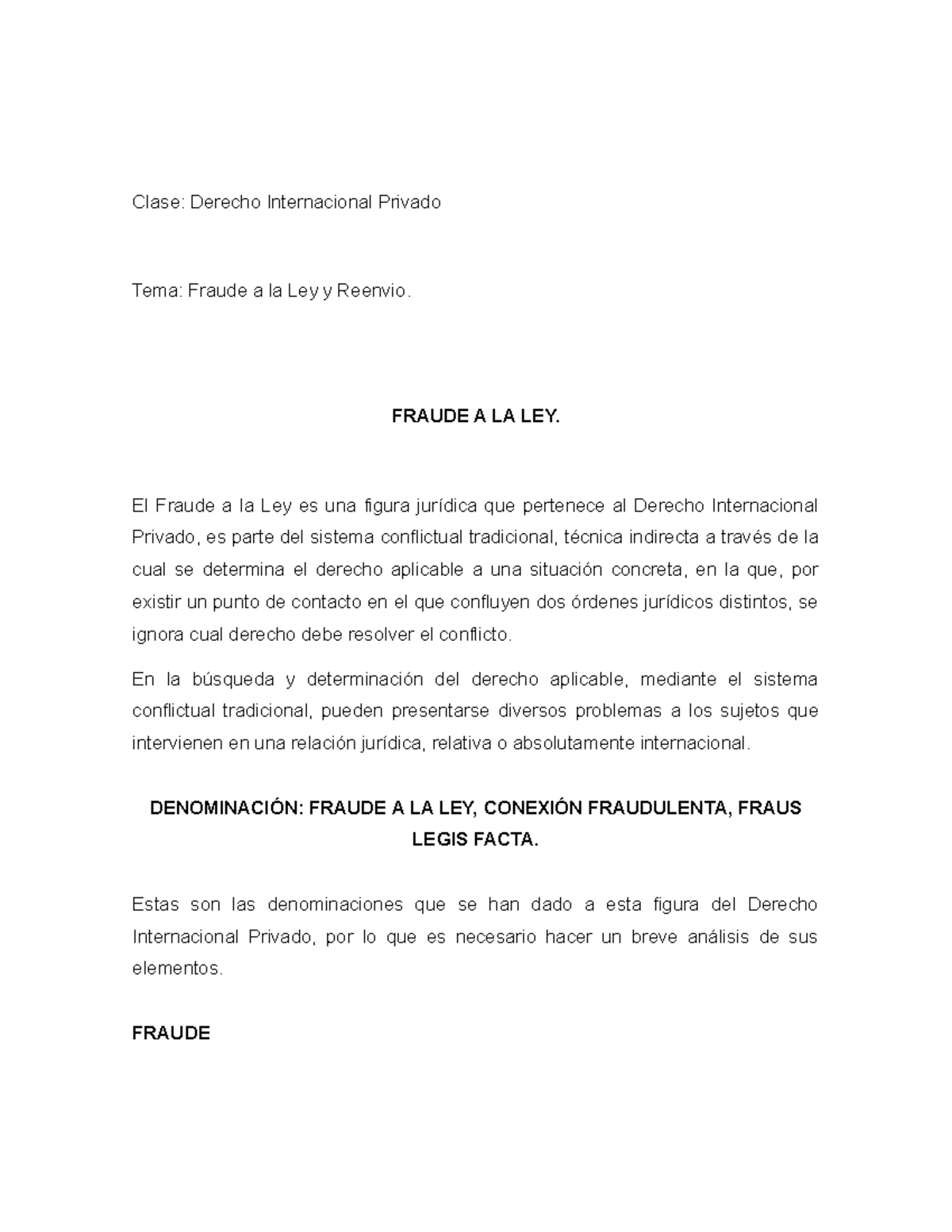 Tema: Fraude a la Ley y Reenvío en Derecho Internacional Privado - Studocu
