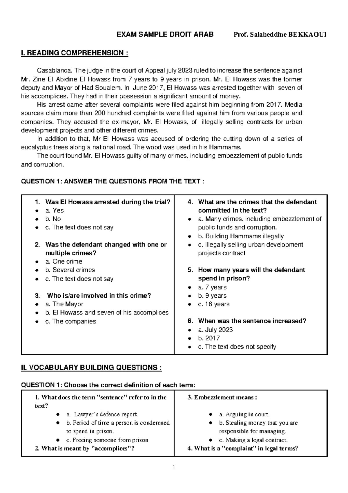 QCM EXAM example - Jjdhh djdjdj - 1 EXAM SAMPLE DROIT ARAB Prof ...