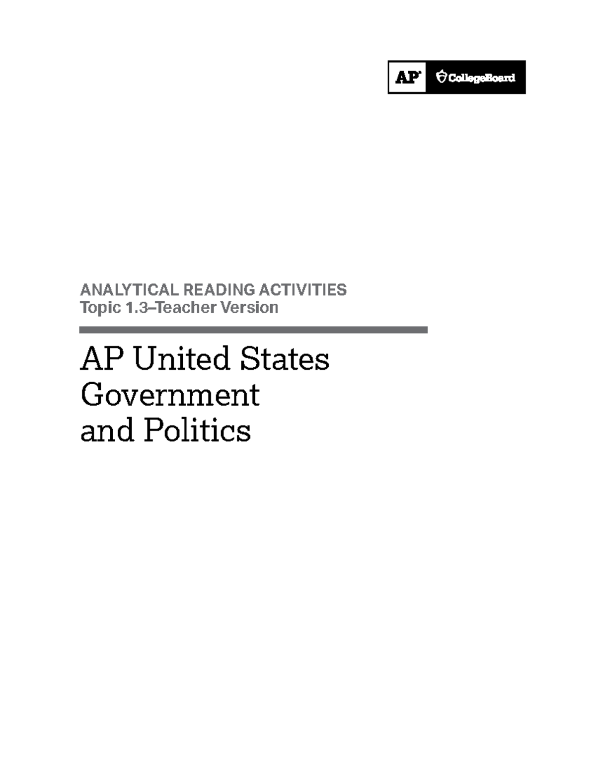 AP U.S. Government and Politics: Analytical Reading Activities Topic 1. ...