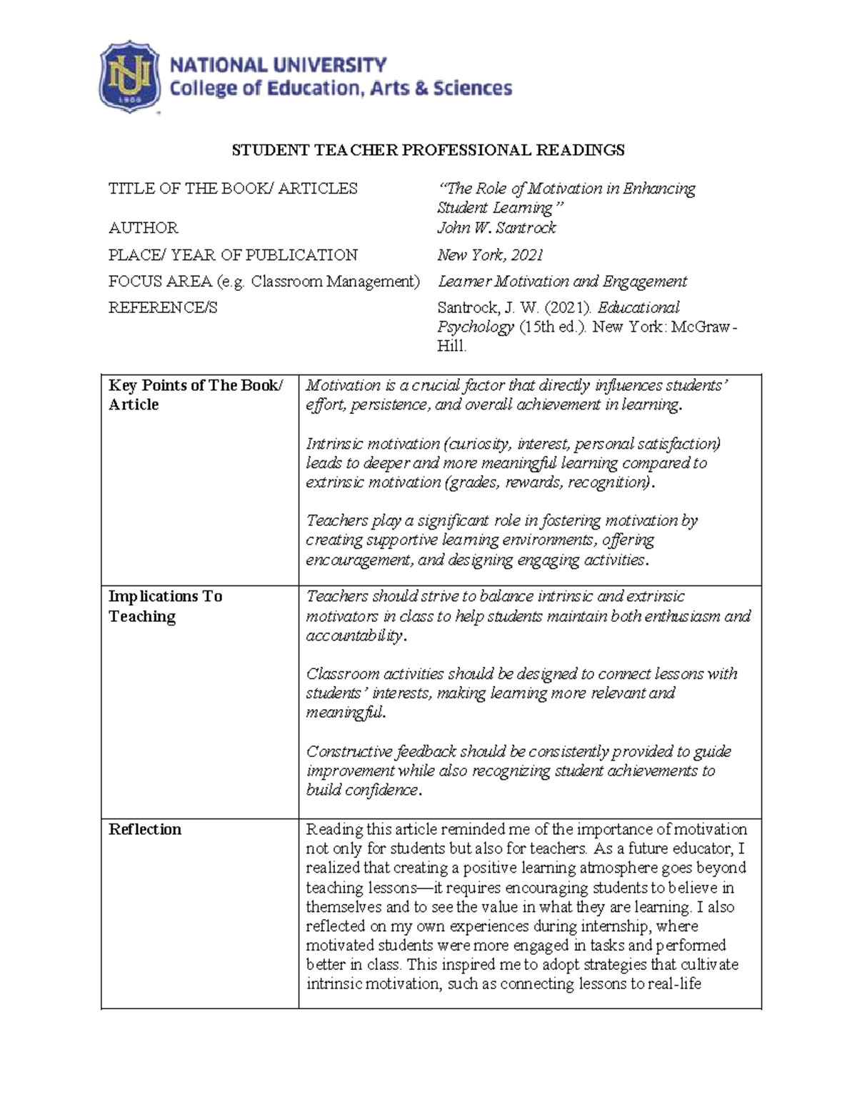 EDU 101: Professional Readings on Learner Motivation and Engagement ...