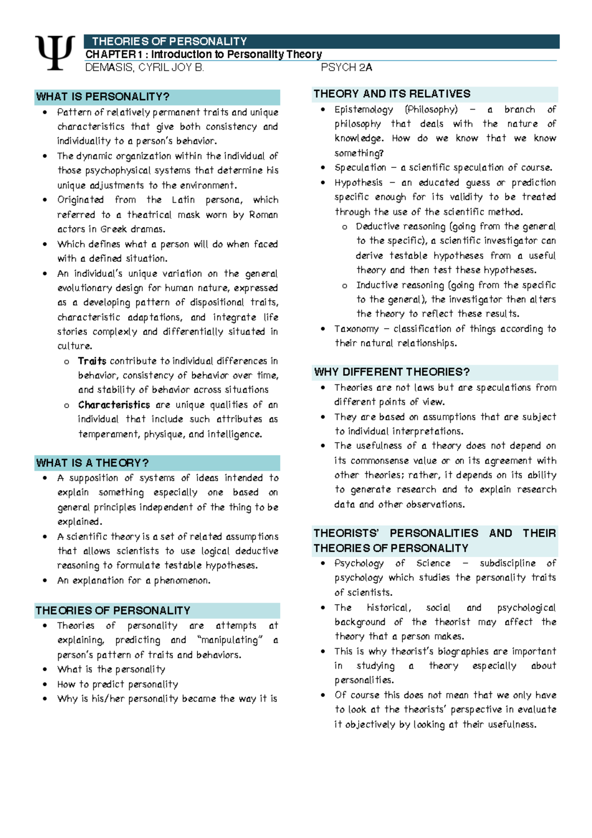 Chapter 1: Intro to Theories of Personality - PSYCH 2A Insights - Studocu