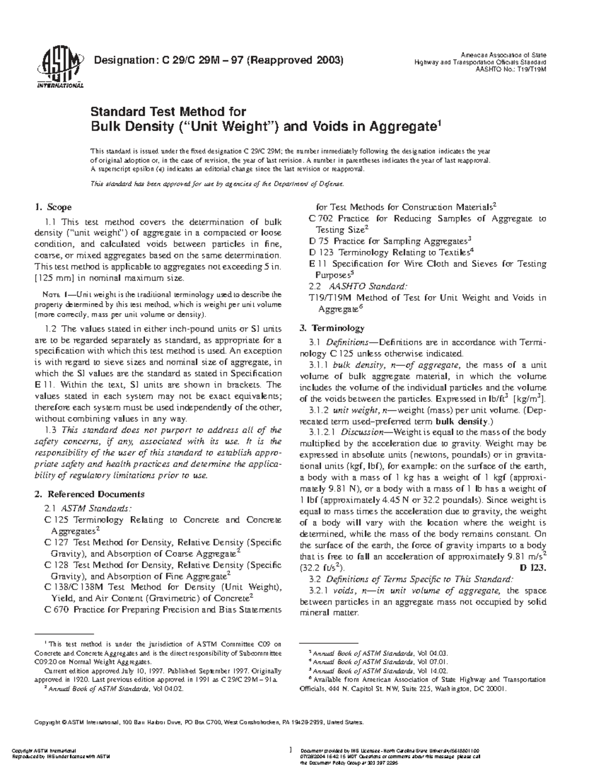 AASHTO C 29M 97 (2003) Standard Test Method for Aggregate Density - Studocu