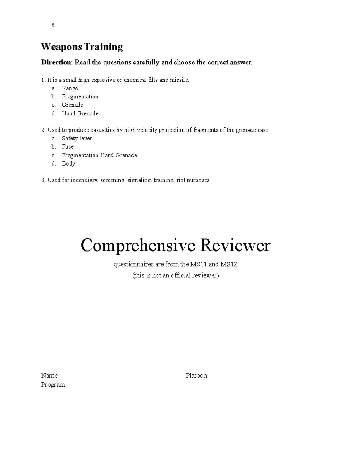 Comprehensive Reviewer for Weapons Training and Military Customs (MS11 ...