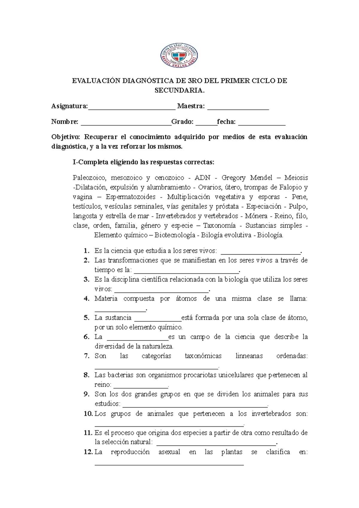 Evaluación Diagnóstica Naturales 3RO 1er Ciclo Secundaria - Studocu