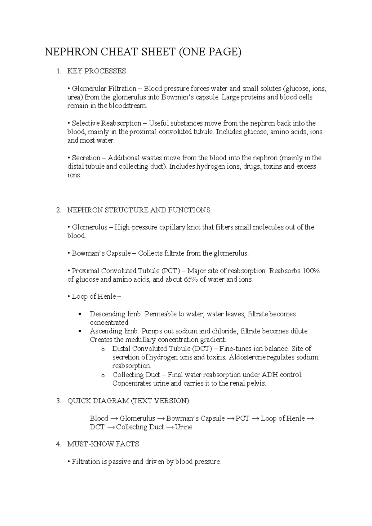 NEPH 101: Nephron Cheat Sheet - Key Processes & Functions - Studocu