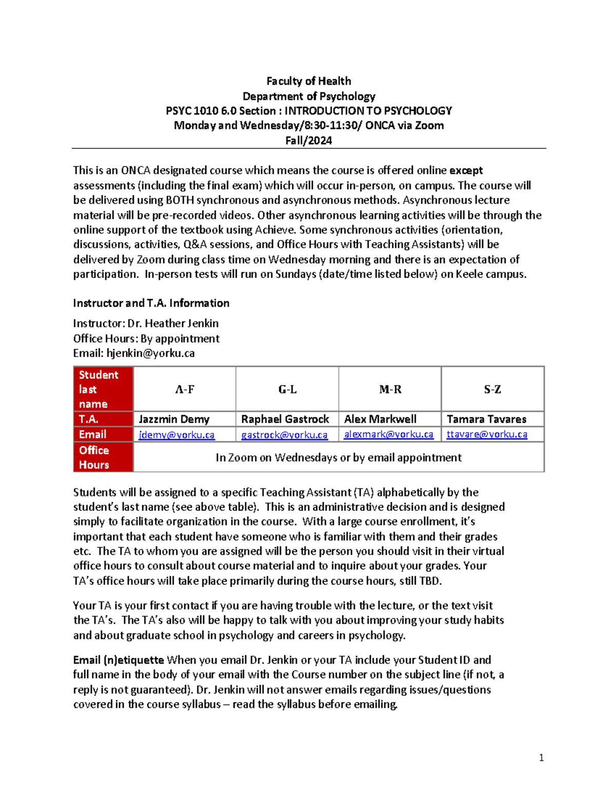 PSYC 1010 6: Course Outline for Introduction to Psychology (Fall 2024 ...