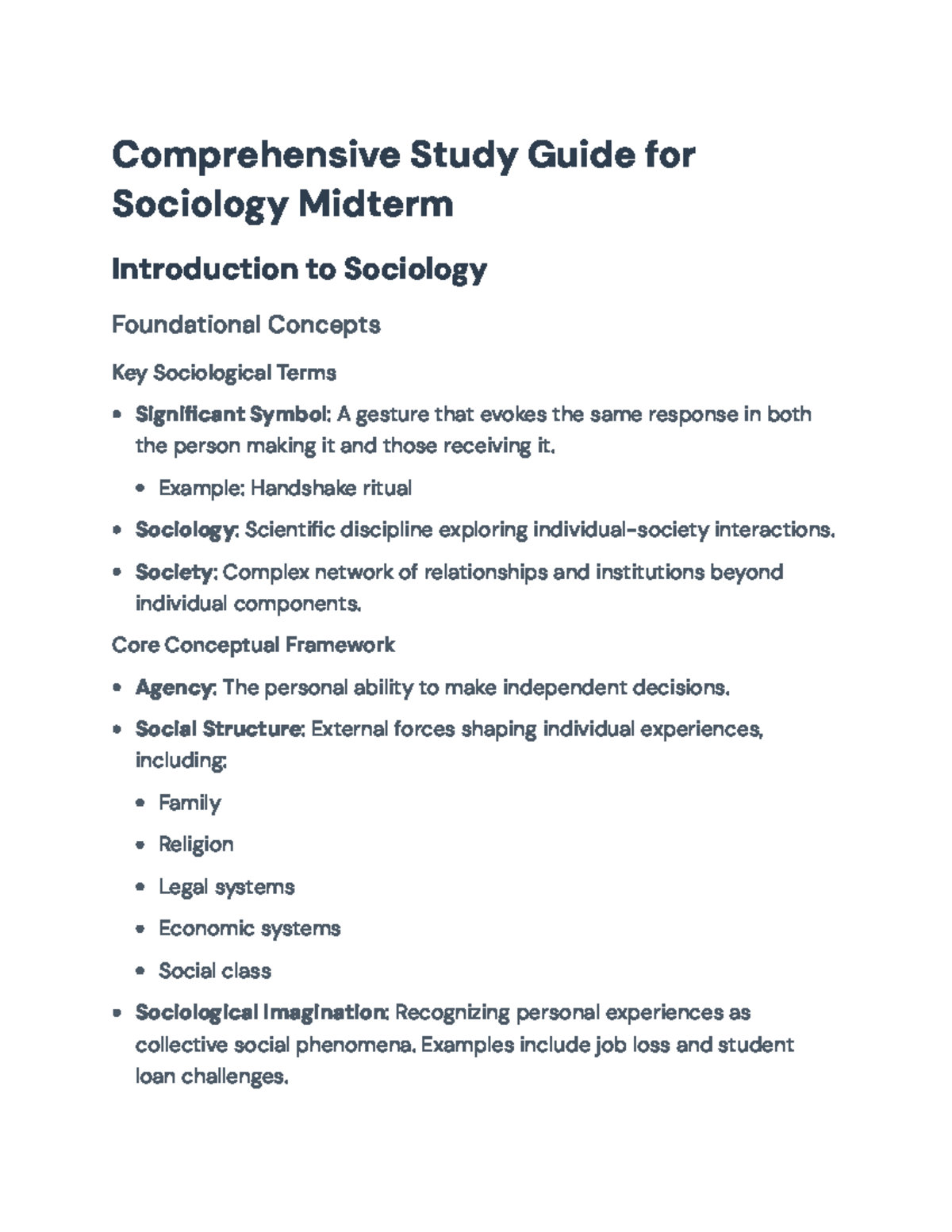 Sociology Midterm Study Guide: Key Concepts and Theoretical Frameworks ...