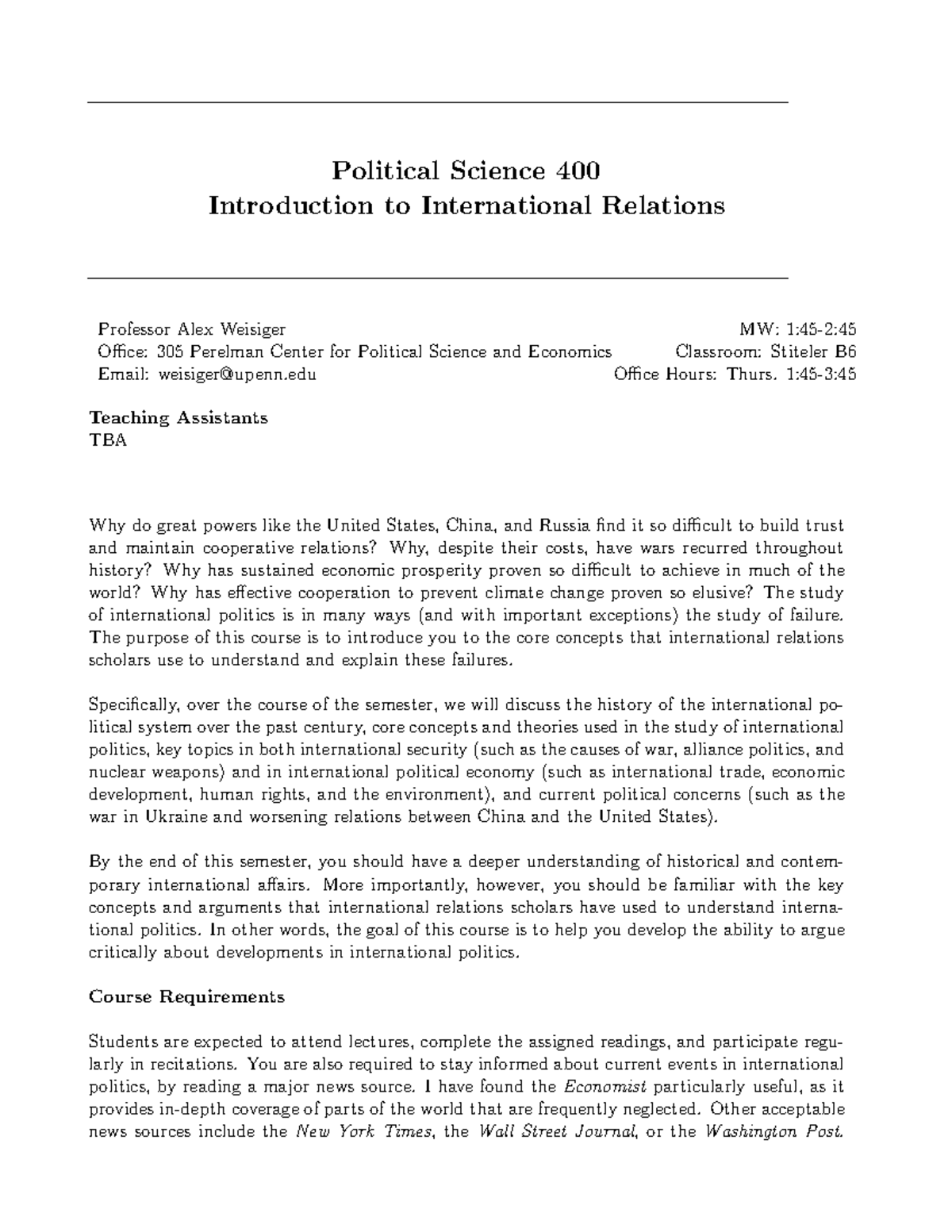 Political Science 400: Syllabus for Intro to Intl Relations Fall 2023 ...