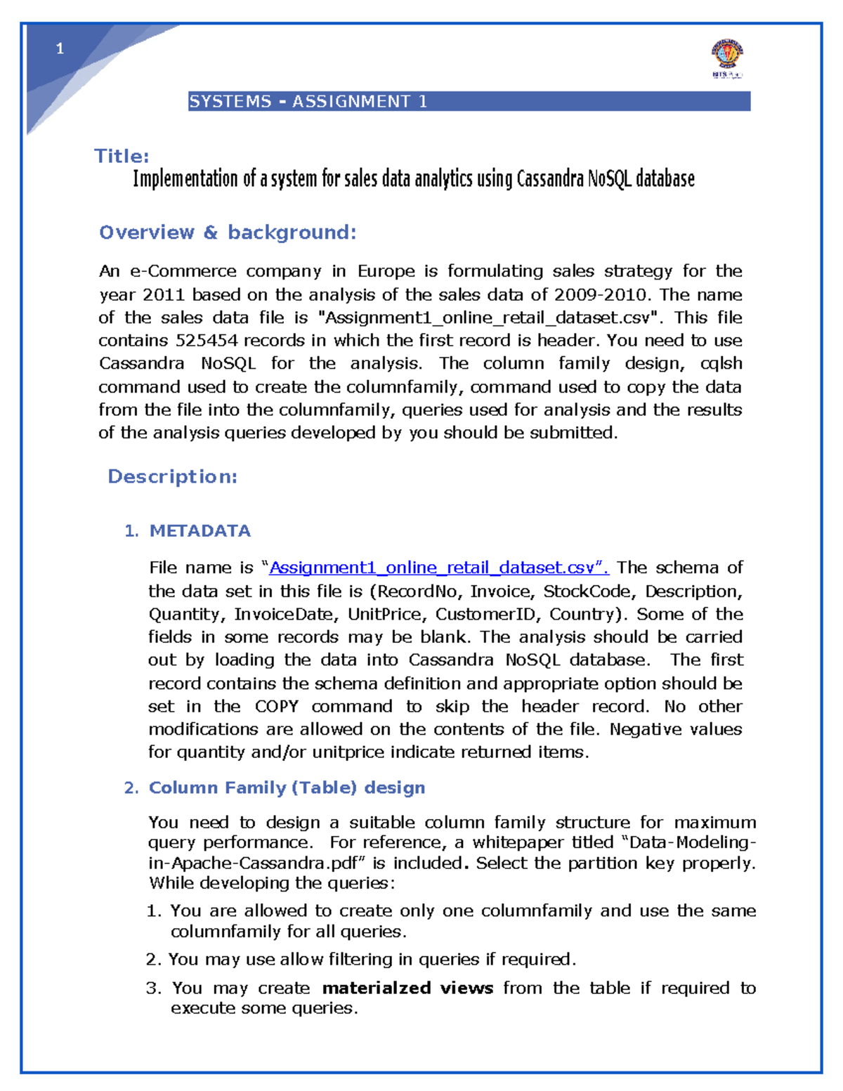 Assignment 1 BDS 2024 Problem Statement 1 - BIG DATA Title: SYSTEMS ...