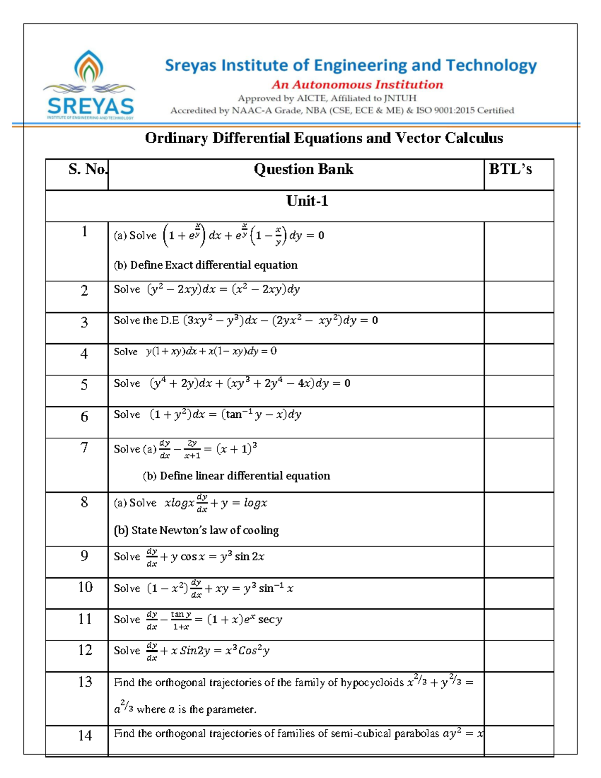 ODE & VC Question Bank 2024-25: Differential Equations & Calculus - Studocu