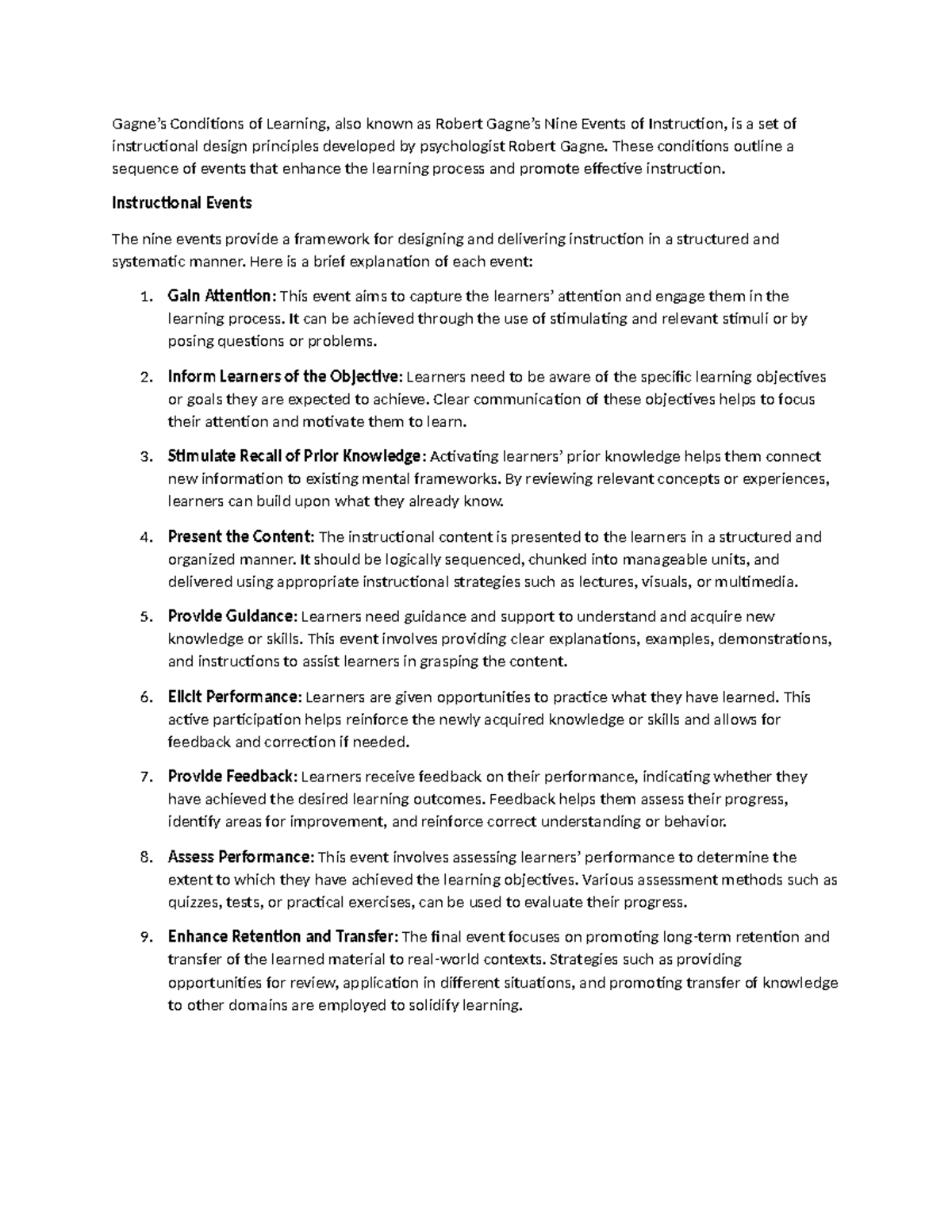 Gagne's Nine Events of Instruction: A Comprehensive Review - Studocu