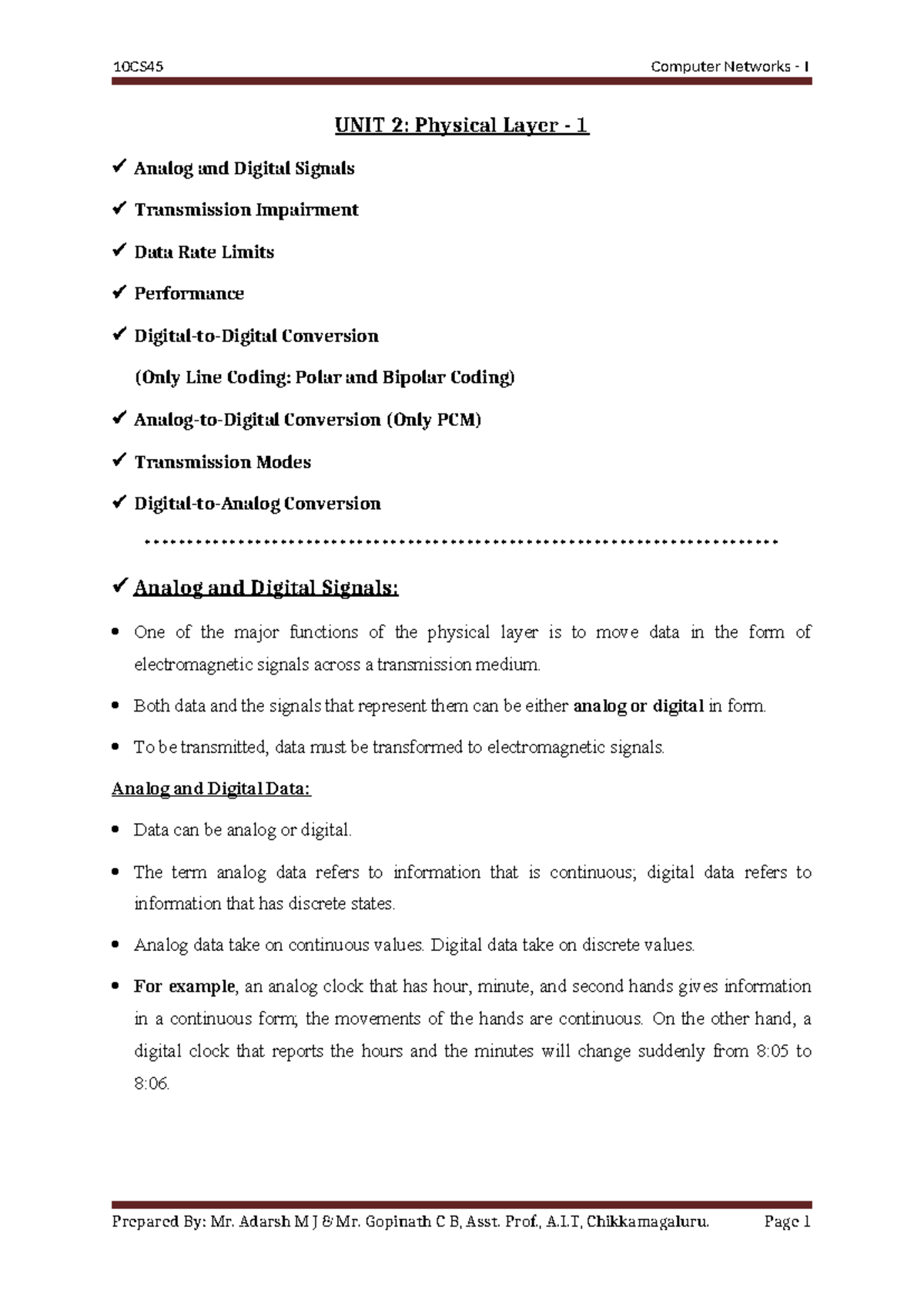 UNIT 2 CN-1 - Physical Layer Notes on Signals & Transmission - Studocu