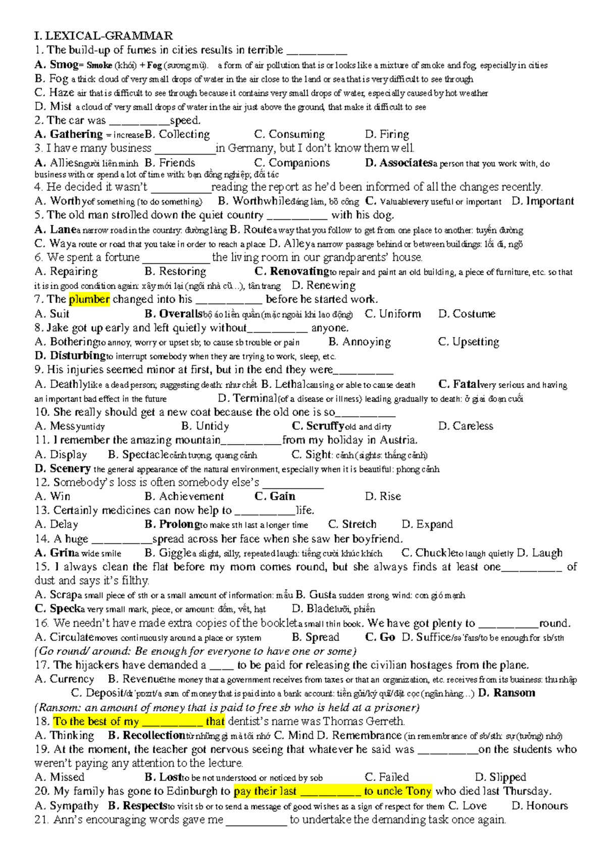 KEY to Day 1 - Difficult - I. LEXICAL-GRAMMAR 1. The build-up of fumes ...
