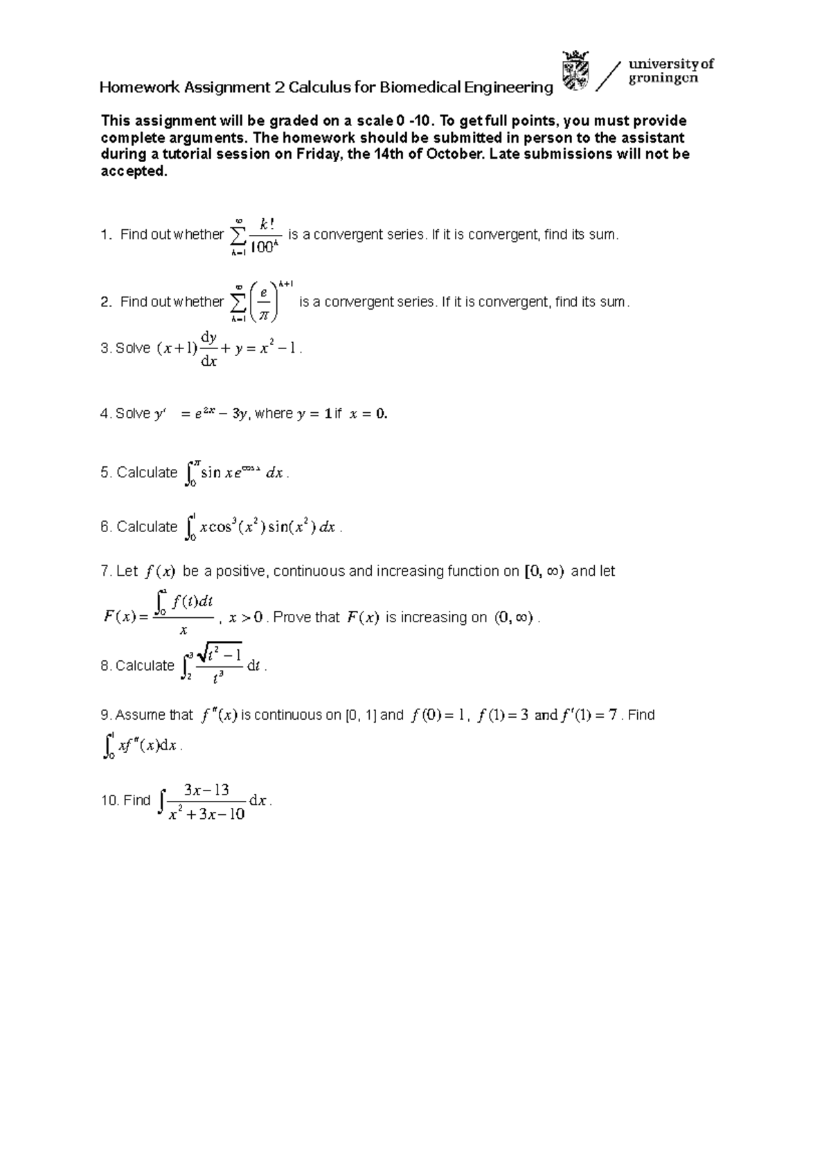 Homework Assignment 2: Calculus for BME - Grading & Instructions ...