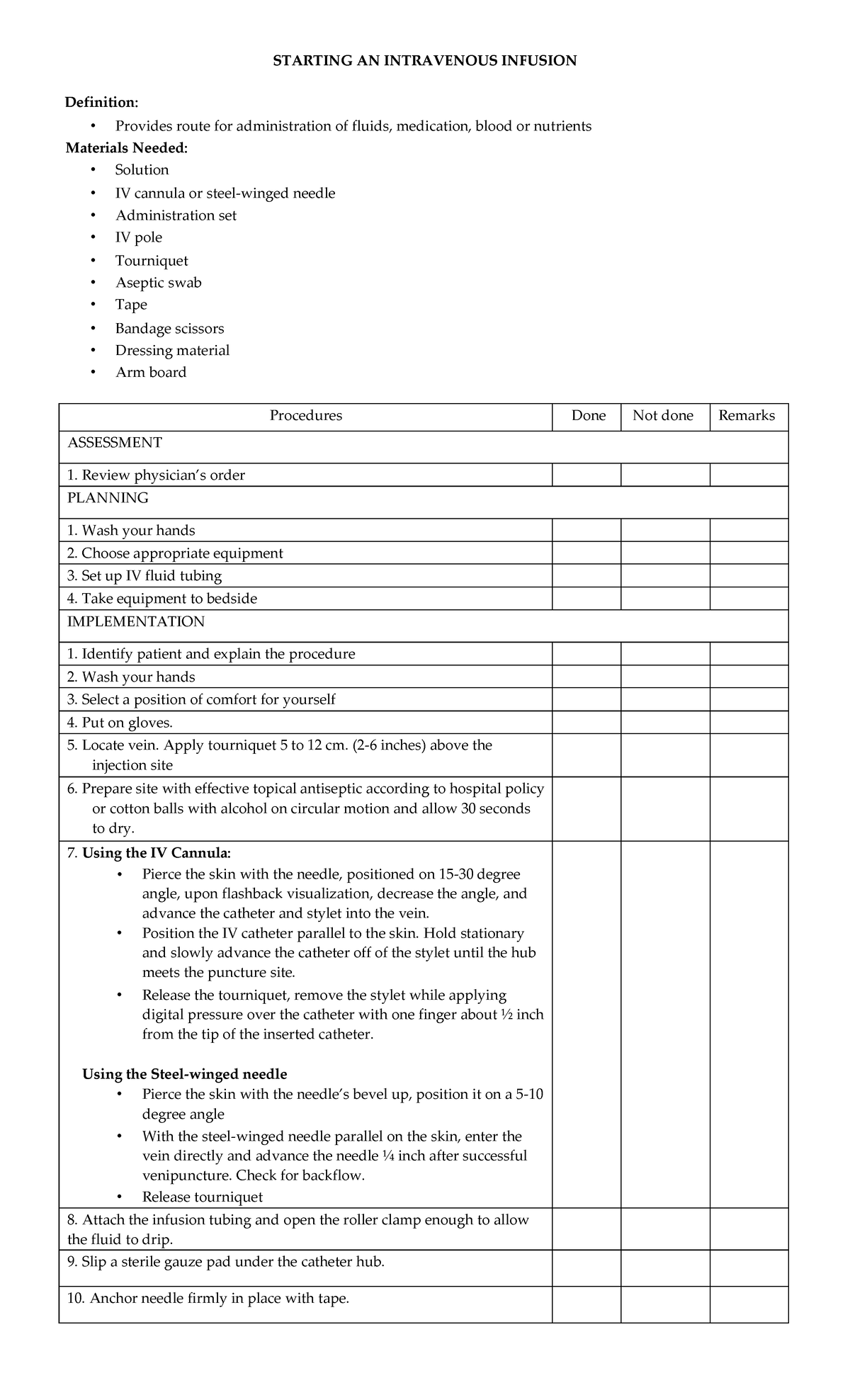 F2F- Skills- Etool - STARTING AN INTRAVENOUS INFUSION Definition ...
