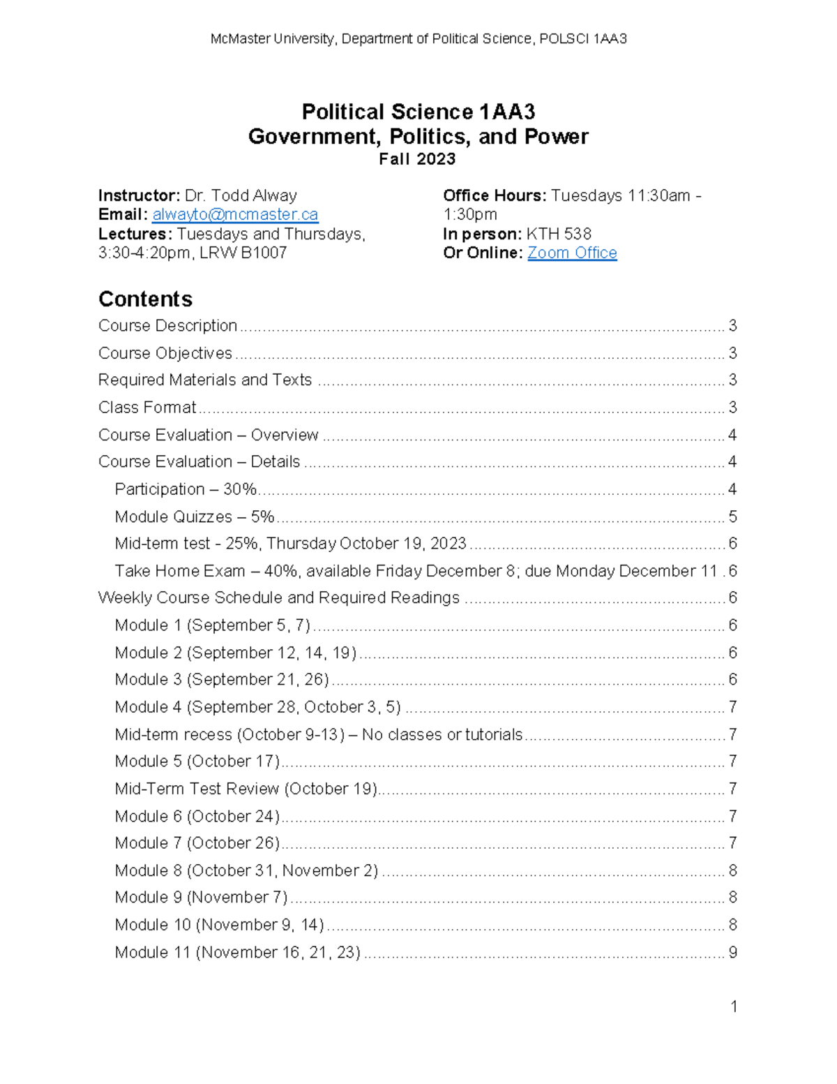 Political Science 1AA3 Syllabus - Fall Term Overview and Evaluation ...