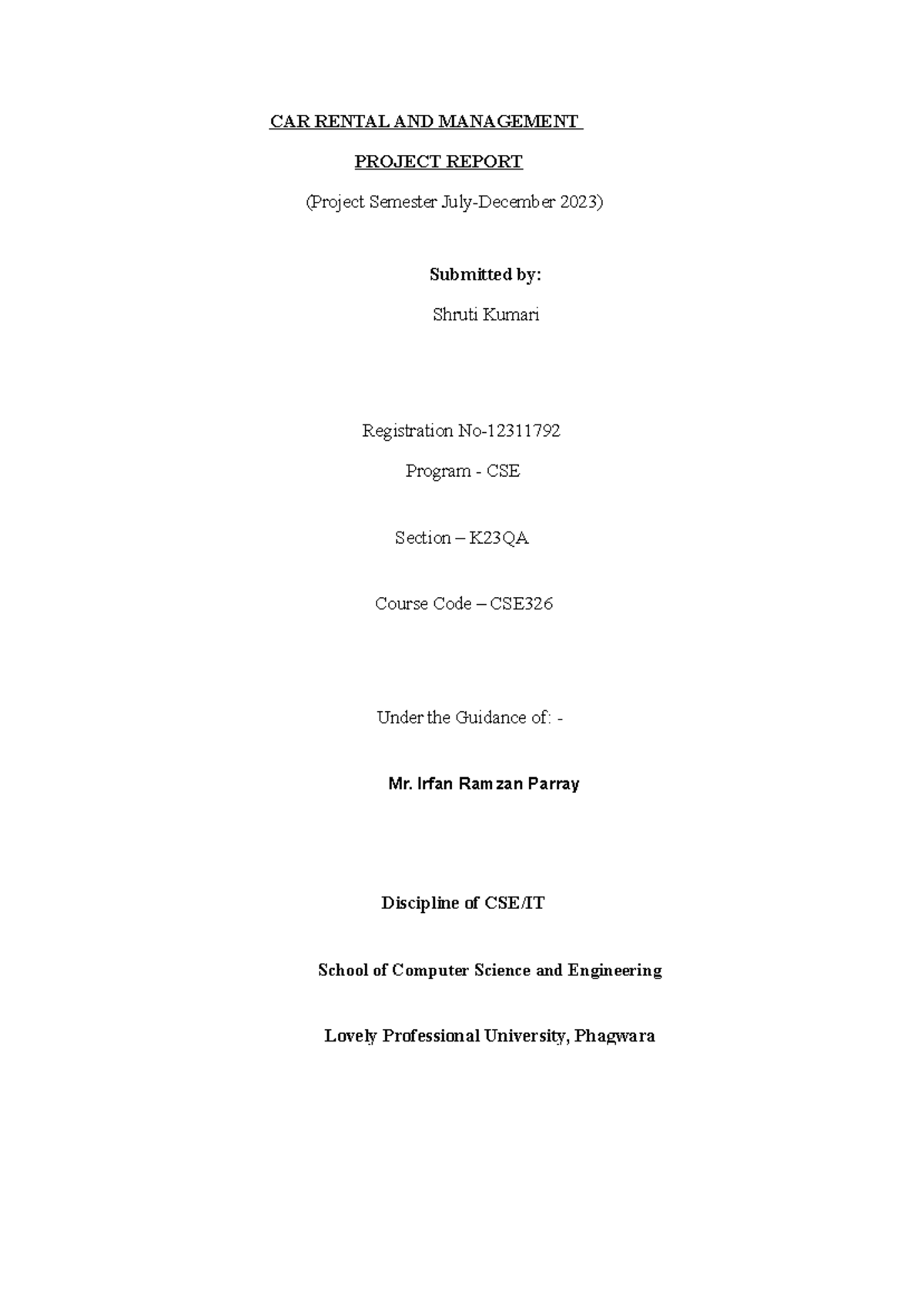 CSE Project Report: Car Rental Management System Overview - Studocu
