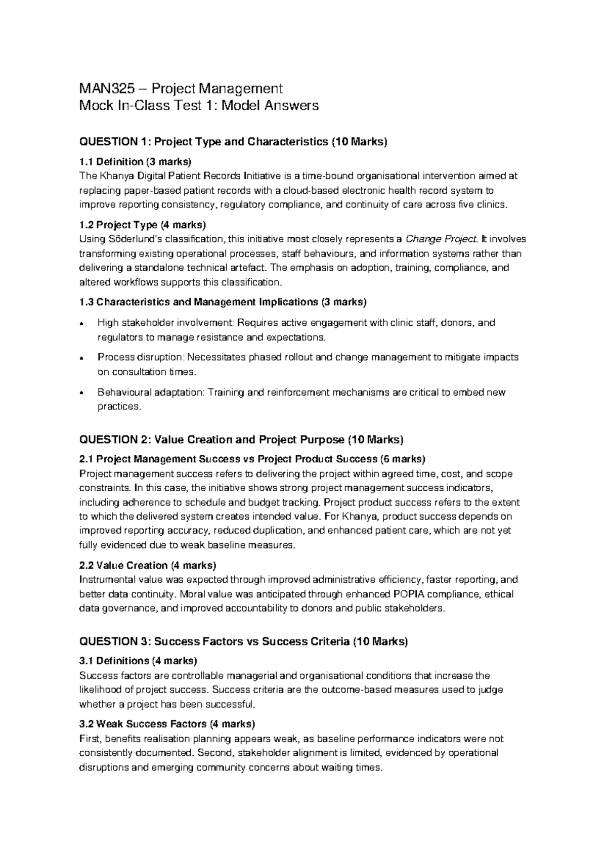 MAN325 Project Management Mock Test 1: Model Answers - Studocu