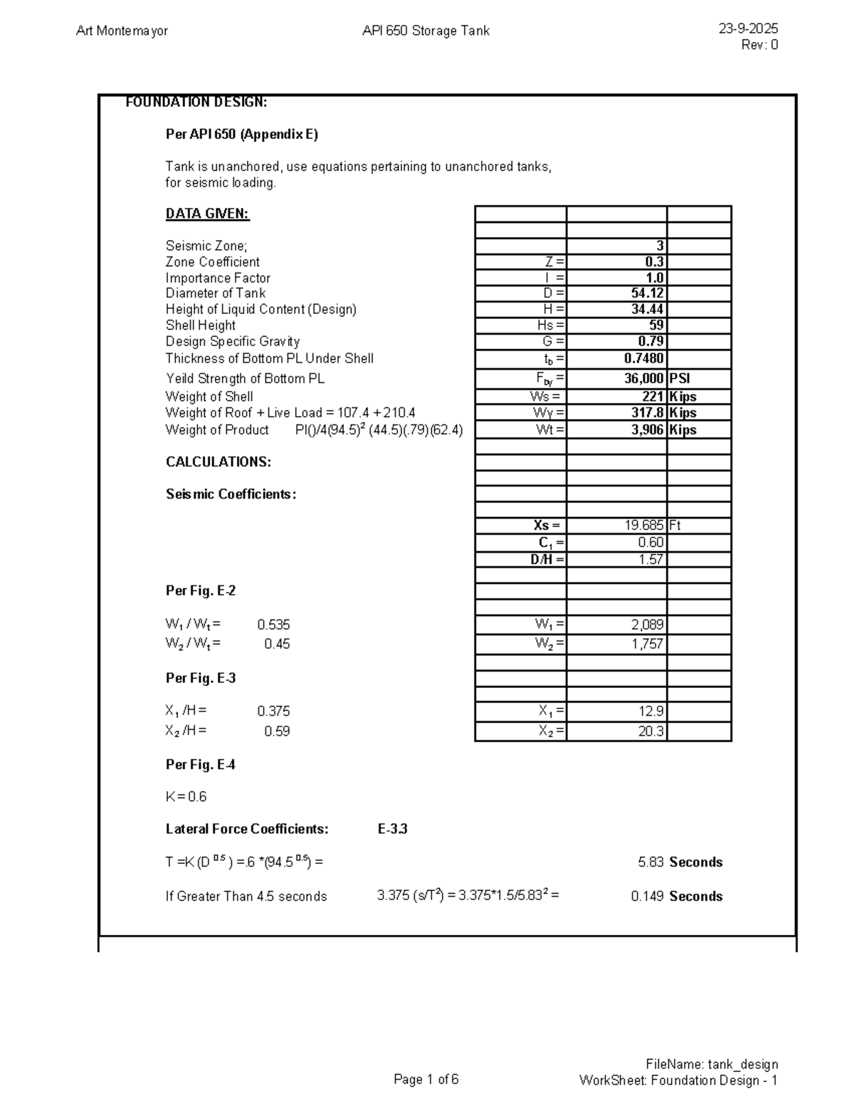 API 650 Storage Tank Foundation Design Calculations: Seismic Loads ...