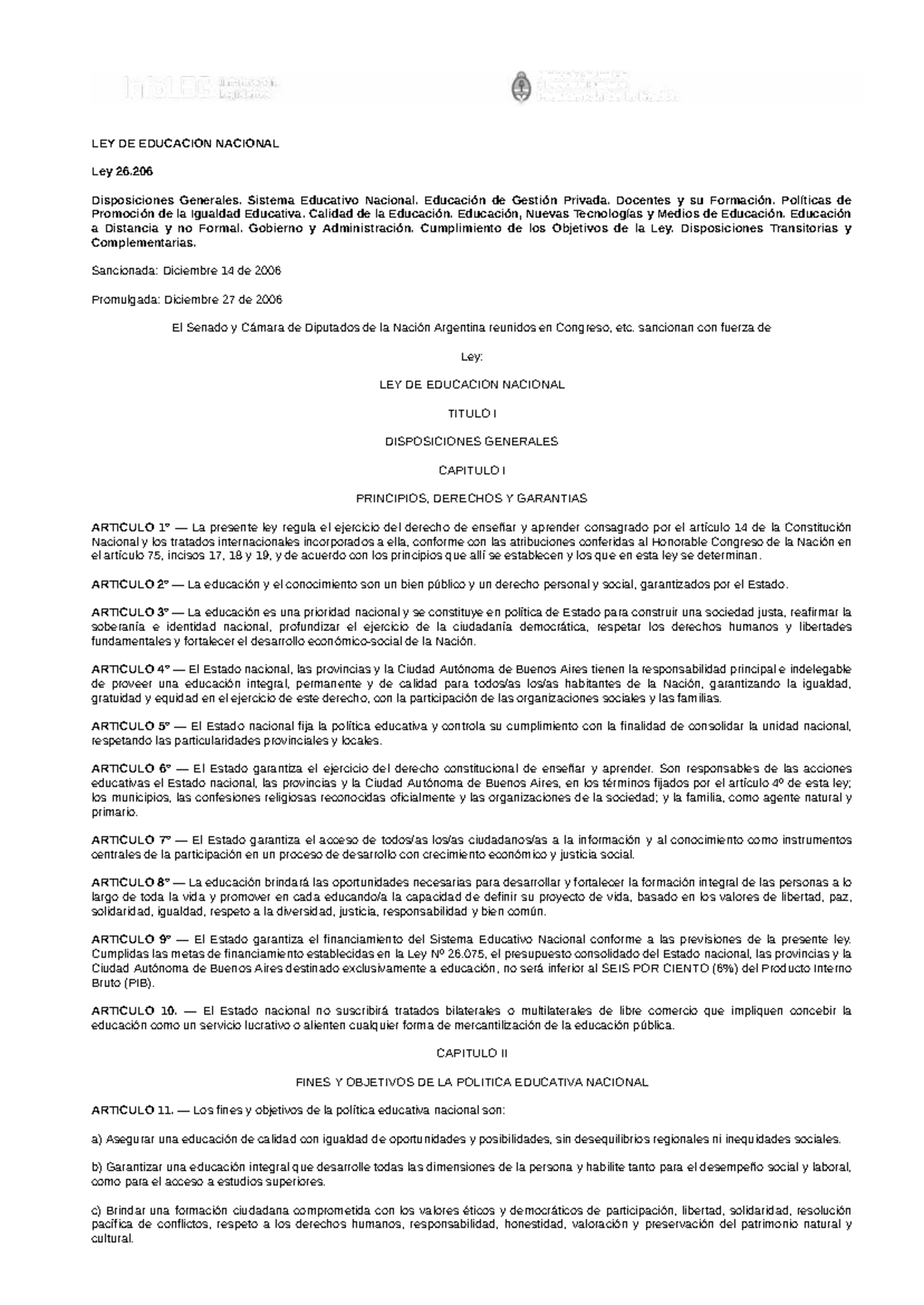 LEY DE EDUCACIÓN NACIONAL 26.206: Disposiciones Generales y Sistema ...